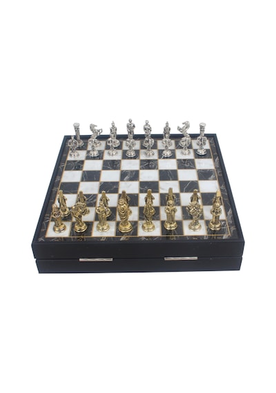 Lüks Sandıklı Metal Satranç Takımı Krom Kaplama Osmanlı Vs Bizans Figürler Mermer Desenli 20 Cm.