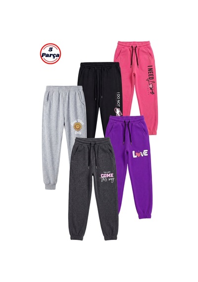 Fyk Kids 5'li Baskı Detaylı Paçası Lastikli Jogger Kız Çocuk Eşofman Altı Fuşya - Siyah - Gri - Mor - Füme