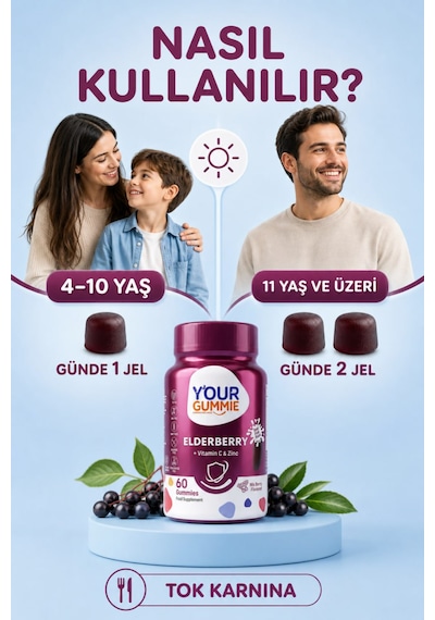Y'our Gummie Elderberry Kara Mürver C Vitamini ve Çinko 60 Çiğnenebilir Jel
