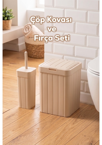Porsima Linny 2li Banyo Fırçası Banyo Mutfak Çöp Kovası Seti Klozet Fırçası Ve Çöp Kutusu Takımı 10lt Grı