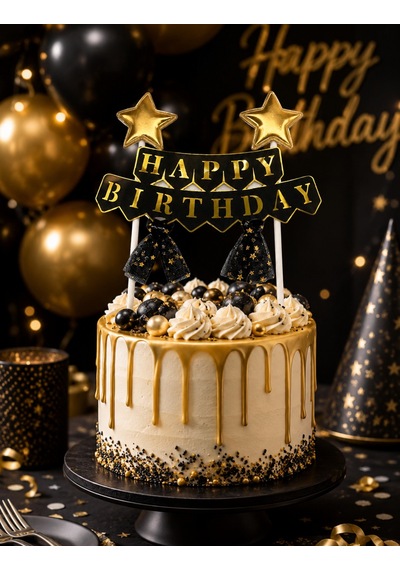 Pasta Üstü Çubuklu Happy Birthday Yıldızlı Tüllü Siyah Süs Doğum Günü Parti Dekoru +3