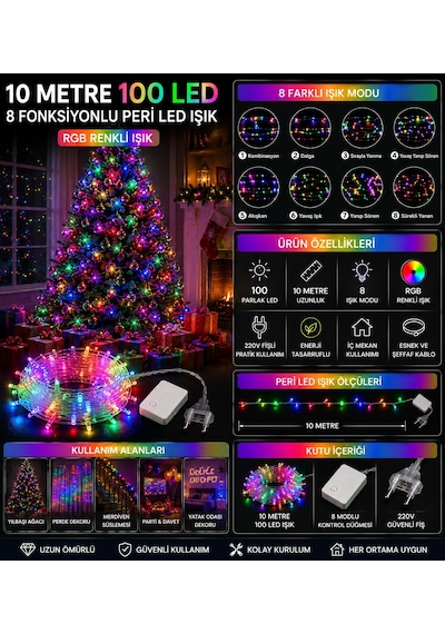 Rgb Renkli Peri Led Işık 8 Fonksiyon 10 Metre 100 Ledli Dekoratif Yılbaşı Ağacı Parti Ev Oda Süsleme Diğer