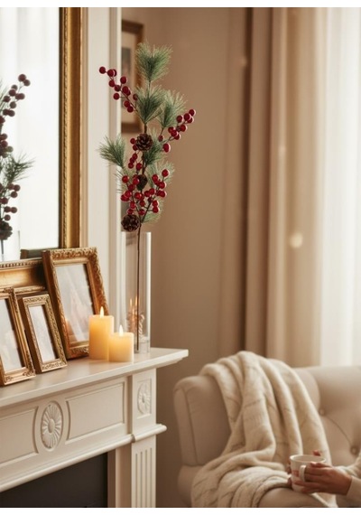 Yapay Çiçek Kokina Ve Çam Dalı Uzun Dal Kozalaklı 75cm Yılbaşı Çiçeği Red Berry Kırmızı