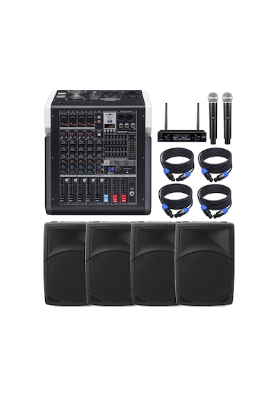 Sahne Ses Sistemi Seti 4x 12'' Kabin Hoparlör Amfili Mikser Telsiz Mikrofon Sehpa Ve Kablo