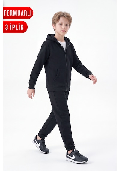 Fyk Kids 3 İplik Düz Fermuarlı Erkek Çocuk Eşofman Takımı Siyah