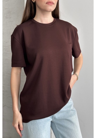 Balenbi Kadın Modal Bisiklet Yaka Basic Yarım Kollu T-shirt 1211 Kahverengi