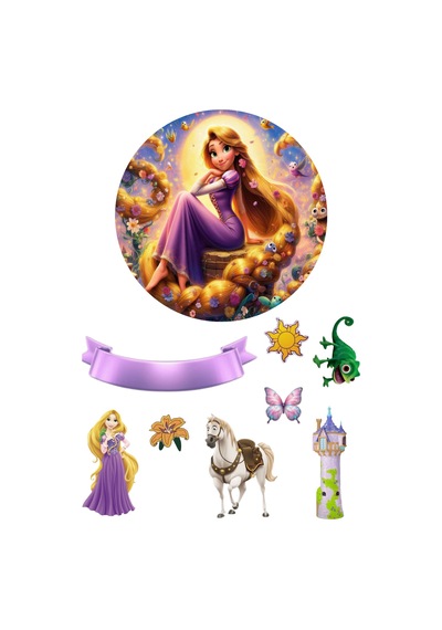Yenilebilir Yuvarlak Pasta Ve Figür Resim Baskısı Şekerli Kağıt Rapunzel Temalı 23