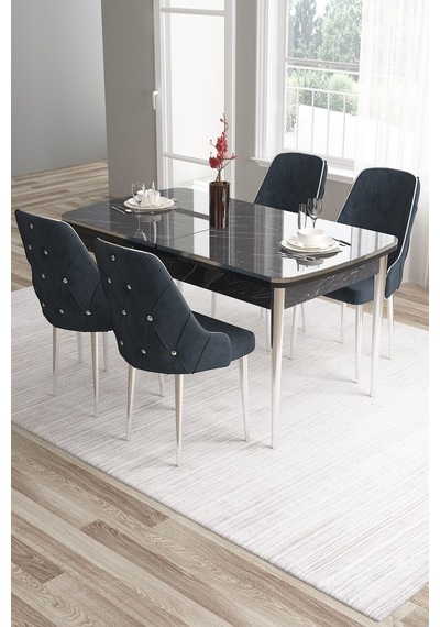 Canisa Tia Serisi 80x132 Açılabilir Mdf Siyah Mermer Desen Krom Detay Masa Takımı Ve 4 Lacivert Sandalye Masa Siyah Mermer Desen Sandalye Lacivert Canisa Tia Serisi 80x132 Açılabilir Mdf Siyah Mermer Desen Krom Detay Masa Takımı Ve 4 Lacivert Sandalye Masa Siyah Mermer Desen Sandalye Lacivert