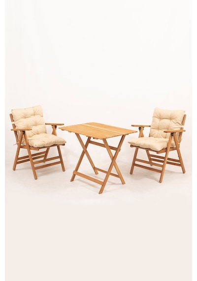 Meya Dekor Minderli Loretta Masa Sandalye Seti 2+1 Ahşap Bahçe Balkon Teras Katlanır Set 60x80 Masa Ahşap