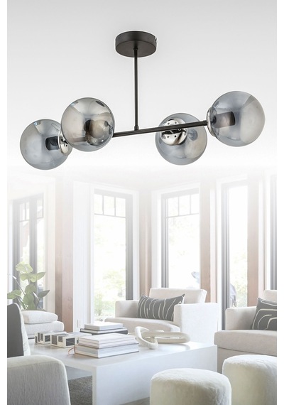 Hira 4'lü Siyah Füme Glob Camlı Modern Plafonyer Salon Yemek Masası Üstü Avize Siyah Siyah