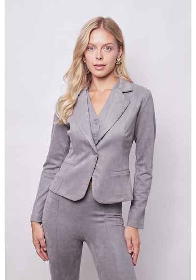 Kadın Kadife Likralı Yumuşak Dokulu Flato Cepli Uzun Kol Düğmeli Blazer Mono Ceket-gri Gri