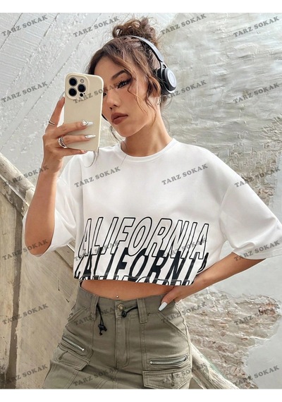 Startmore Crop Ckod-232913 Mektup Baskılı Kadın Beyaz