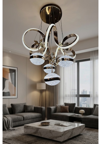 Kıvrım 4 Top Simli Modern Sarkıt Salon - Oturma Odası Led Avize Çok Renkli