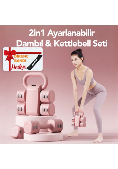 Ayarlanabilir Modüler Kettlebell Ve Dambıl Seti 5 Kg Ev Fitness Ve Güç Antrenman + Pembe Renk Direnç Bandı