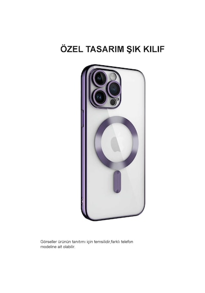 Apple Uyumlu  iPhone 12 Pro Mag Safe Özellikli Lens Korumalı Logo Gösteren Şeffaf Silikon Kılıf - Mor