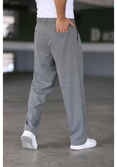 Bürke Çift Pileli Okul Grisi Beli Lastikli Rahat Kesim Klasik Bol Paça Baggy Pantolon