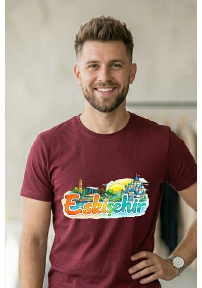 Baranışık Eskişehir Şehir Koleksiyonu Grafik Baskılı Unisex Tişört Bordo