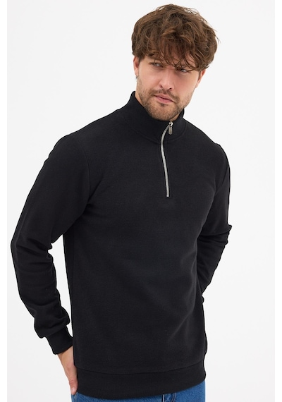 Mmetalic Erkek Siyah Standart Fit Normal Kesim Pamuklu Yarım Fermuarlı Dik Yaka Pamuklu Sweatshirt Siyah