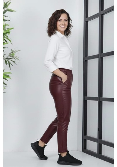 Hb Harma Time Butik Kadın Beli Lastikli Cepli Deri Bordo Pantolon Bordo Bordo