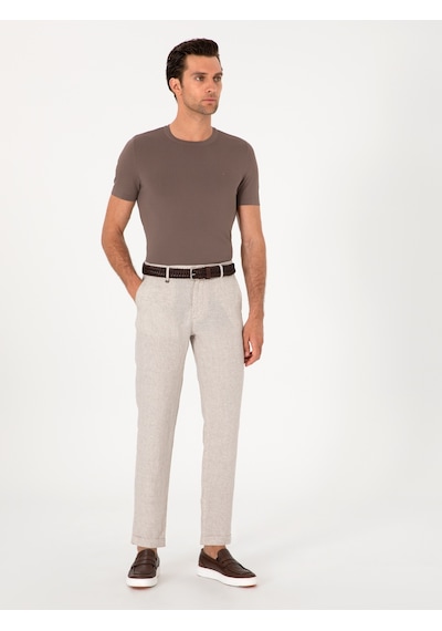 Cacharel Bej Carrot Fit Ekose %100 Keten Spor Pantolon