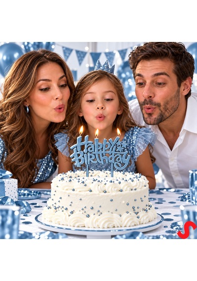 Happy Birthday Doğum Günü Pasta Mumu, 11 Cm - Çelik Mavisi