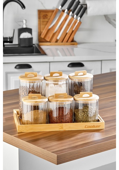 Cooker 6 Parça Standlı Bambu Kapaklı Borosilikat Cam Yuvarlak Baharatlık Şeffaf