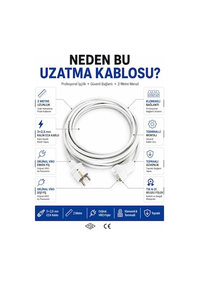 Viko Seyyar Uzatma Kablosu 2 Metre 3x2.5 Mm Cca Kablo Viko Erkek Dişi Fiş Klemensli Terminalli Topraklı Tse Ce Belgeli 2 M