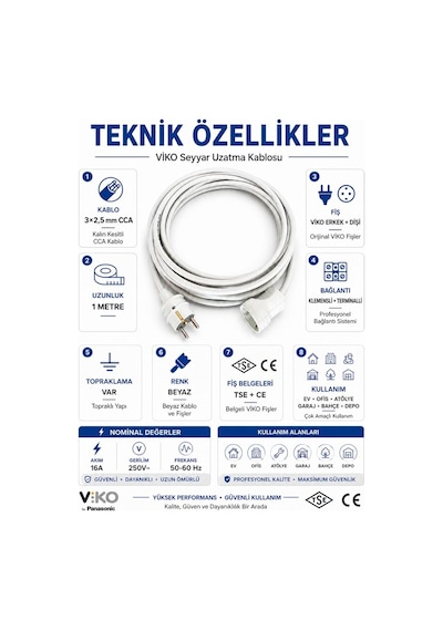 Viko Seyyar Uzatma Kablosu 1 Metre 3x2.5 Mm Cca Kablo Viko Erkek Dişi Fiş Klemensli Terminalli Topraklı Tse Ce Belgeli 1 M