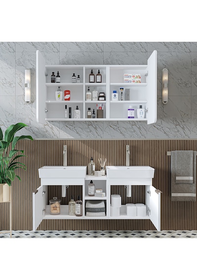 Likya 2 Kapaklı Ve Açık Raflı Mdflam 2 Lavabolu 120 Cm Banyo Dlp