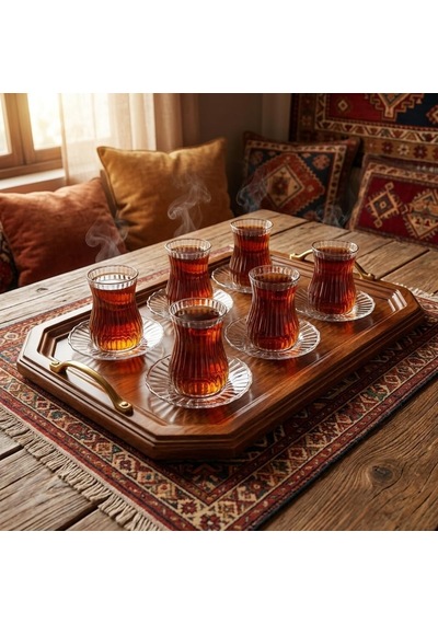 12 Parça Çay Seti - 6 Adet Fitil Desenli Cam Çay Bardağı Ve 6 Adet Cam Çay Tabağı - Isıya Dayanıklı Çay Takımı çok renkli
