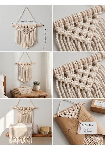 Modern Makrome Duvar Süsü - El Yapımı Bohem Duvar Dekorasyonu 30x20 Cm 1 Adet