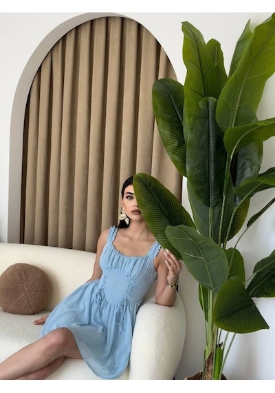 Defymoda Aria Büzgü Askılı Elbise Mavi