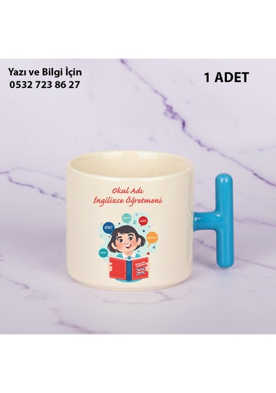 İngilizce Öğretmeni Öğretmenler Günü İçin Kişiye Özel İsim Baskılı T Kupa Bardak Öğretmenehediyelik Mavi