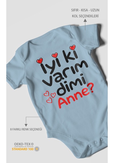 Morivokids İyi Ki Varım Dimi Anne Kısa Kollu Bebek Body %100 Pamuk Bebe Mavisi
