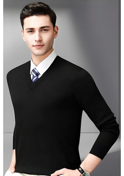 Tezzgelsin Erkek V Yaka Uzun Kol Triko Tüylenmez Süveter Erkek Slim Fit Süveter Siyah