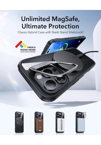 Esr Apple Uyumlu iPhone 16 Pro Max Halolock Mag Safe Classic Hybrid Standı Silikon Kılıf Şeffaf Siyah