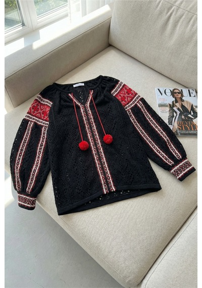 Femelle Siyah Beyaz V Yaka Yeni Sezon Örme Püsküllü Standart Beden Pamuk Bluz