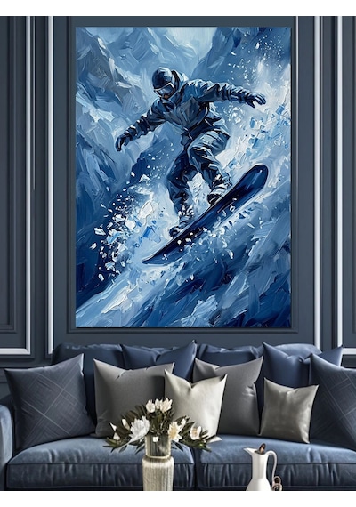 Karlı Dağlarda Snowboard Yapan Sporcu Dekoratif Kanvas - Mdf Ahşap Tablo