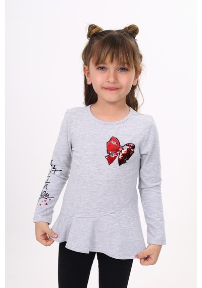 Toontoy Kids Toontoy Kız Çocuk Göğsü Pullu Fiyonklu Nakışlı T-shirt Gri Melanj