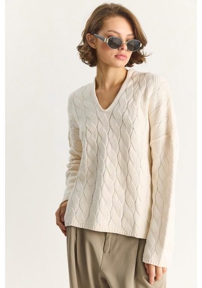 Shade Kadın Oval Yaka Saç Örgü Oversize Triko Kazak Tk241277 60284091 - Krem