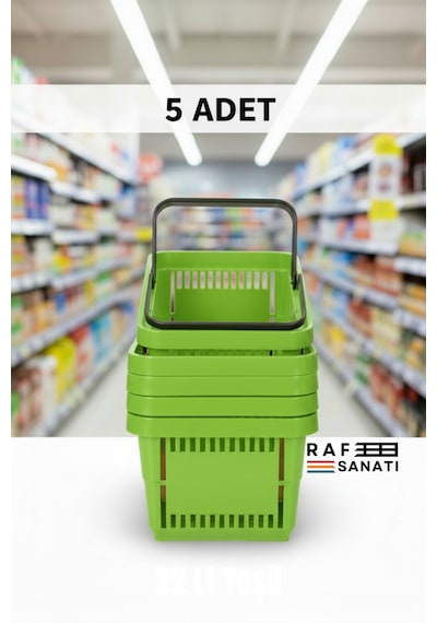 5 Adet / 22 Litre Plastik Market Alışveriş Sepeti Profesyonel Market Mağaza El Sepeti Yeşil