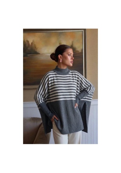Onno Style Women Çizgili Standart Beden Triko Kadın Panço Gri