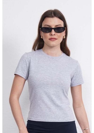 Crop Slim Fit Pamuk Likra Tişört-gri Melanj Gri Melanj