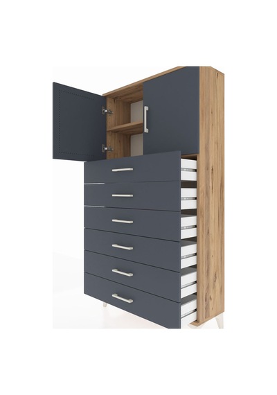 Arges Dolap 2 Raflı 6 Çekmeceli 2 Kapaklı 88x30x163 Çam-antrasit Çam