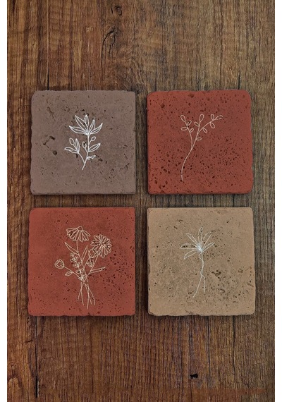 Doğal Taş Bardak Altlığı 4'lü Set - Renkli Çiçek Desenler - Stone Coasters Çok Renkli