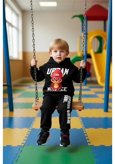Ersefa Erkek Çocuk Kapüşonlu Sweatshirt Ve Eşofman Altı Kaplan Figürlü Ş Siyah
