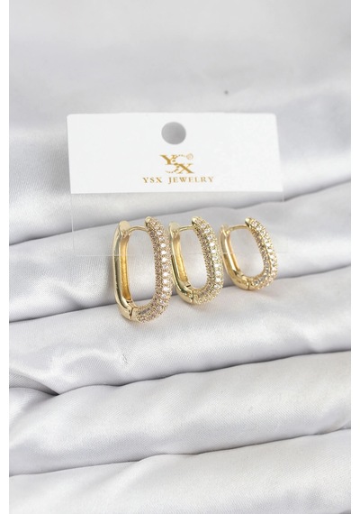 Ceylan Adam Pirinç Gold Renk Zirkon Taşlı Halka Model Ysx Trio Küpe Seti Çok Renkli
