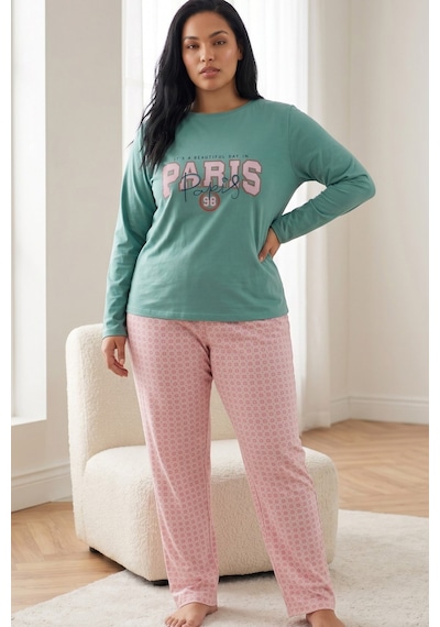 Siyah İnci Pamuklu Likralı Büyük Beden Battal Boy Örme Pijama Takım 26240935 Yeşil