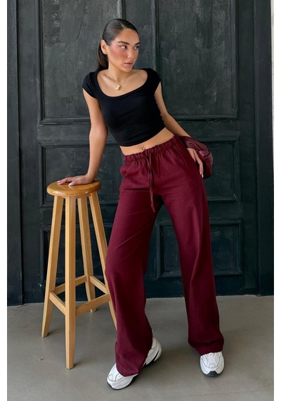 Madmext Bordo Beli Büzgülü Wide Leg Kumaş Pantolon Mg1950 Bordo