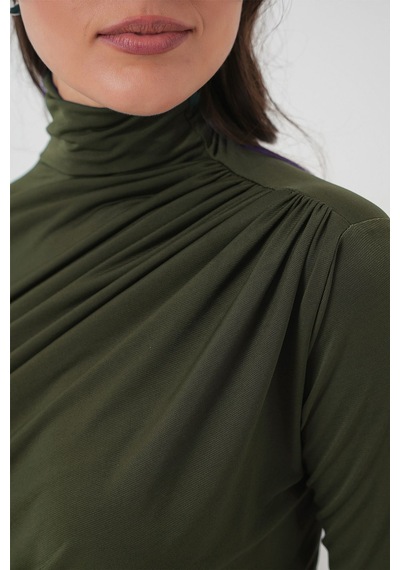 Hiccup Bdart Drape Detaylı Vücuda Oturan Dik Yaka Bluz Haki Yeşil